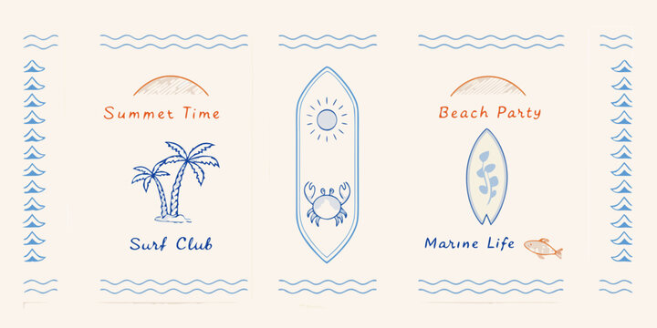 Hand drawn doodle illustrations of summer beach party surf club and marine life with palm trees and ocean waves