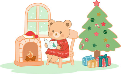 Cute Christmas Bear Reading by the Fireplace – Kawaii Holiday Illustration