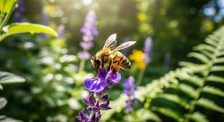 Close-up of a bee collecting nectar from a purple flower in a garden.