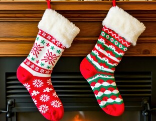 Colorful Christmas Stockings Hanging by Fireplace
