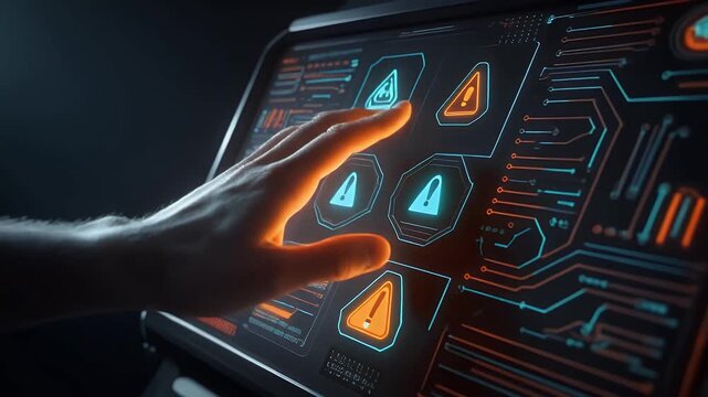 Hand interacting with a futuristic glowing digital interface, displaying data, security alerts & circuit patterns. High-tech concept of human-computer interaction.