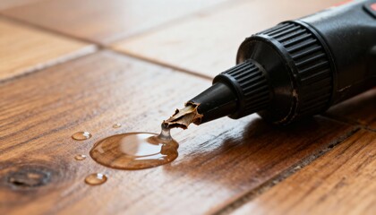 Glue gun on hardwood floor in soft natural light, close-up of tip and cord, lifestyle photography