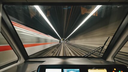 High speed train whizzing through Tokyos underground tunnels, symbolizing forward thinking and non stop progress, perfect for concepts related to speed, innovation, or global connectivity.
