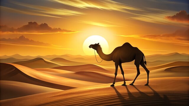 A lone camel silhouetted against a dramatic desert sunset, with rolling sand dunes casting long shadows under a warm, orange sky filled with dramatic clouds