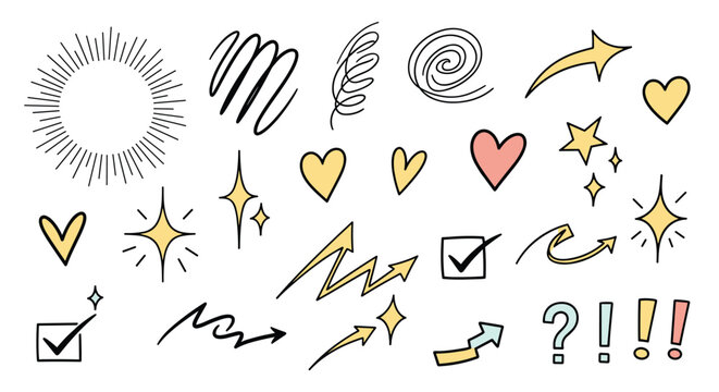 A charming collection of hand-drawn doodle symbols including hearts, arrows, stars, swiggles, and checkmarks, ideal for design elements.