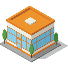 Isometric illustration of a modern orange building with blue glass windows and two green trees on a gray sidewalk with a transparent background