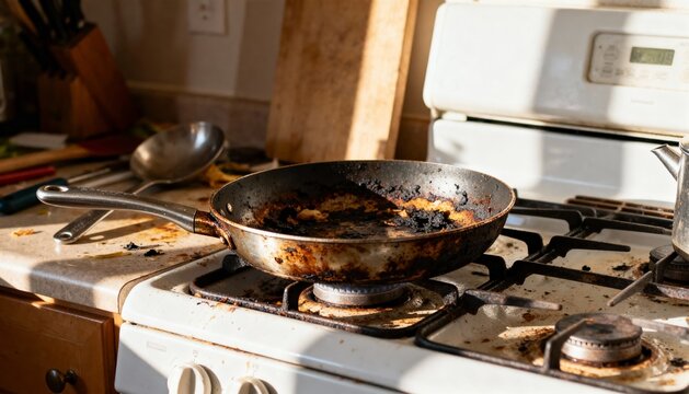 Unwashed frying pan on cluttered stovetop in warm afternoon light, lifestyle photography - Powered by Adobe