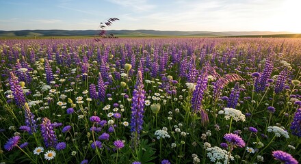 Fototapeta premium Golden sunset over a breathtaking field of blooming purple lupines and other wildflowers