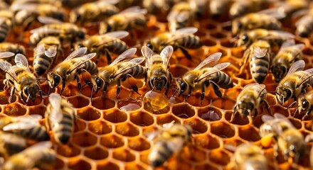 Close-up of a Honeycomb with Many Bees Working Together.