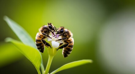 Close-up of three bees on a flower bud with soft green background.