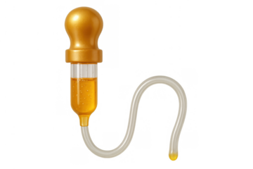 Golden liquid dropper with clear flexible tube for scientific applications, cosmetic serum, or medical research on transparent background