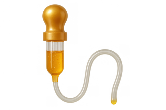 Golden liquid dropper with clear flexible tube for scientific applications, cosmetic serum, or medical research on transparent background