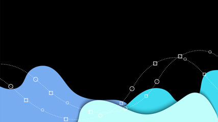 Abstract blue fluid shape and dot line on black background.