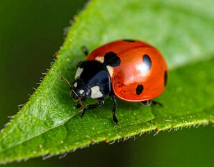 Obraz premium Close-up shot of red ladybug with black spots on a green leaf, detailed macro shot
