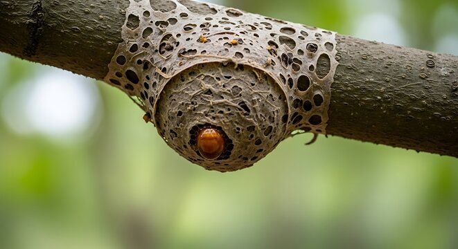 Close up of a wasp nest on a tree branch with a blurry green background.