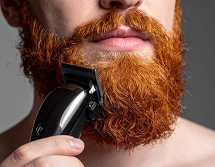 Close-up shows a man trimming his vibrant, bushy, red beard with an electric trimmer