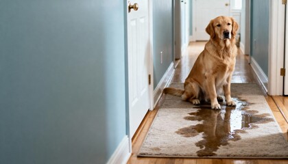 Golden retriever sitting on wet rug in hallway, soft overcast light, photorealistic style