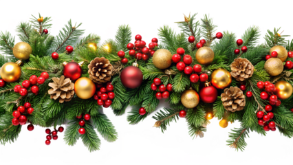 Festive christmas garland made of green fir branches, decorated with red berries, golden and red baubles, pine cones, and small lights, isolated on a transparent background