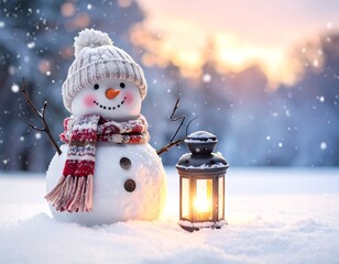 A charming snowman, wearing a winter hat and scarf, stands in a snowy landscape next to a glowing lantern, snowflakes gently falling