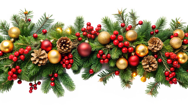 Festive christmas garland made of green fir branches, decorated with red berries, golden and red baubles, pine cones, and small lights, isolated on a transparent background - Powered by Adobe