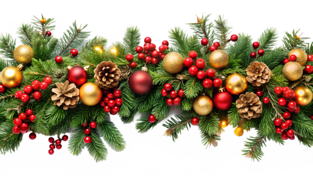 Festive christmas garland made of green fir branches, decorated with red berries, golden and red baubles, pine cones, and small lights, isolated on a transparent background - Powered by Adobe