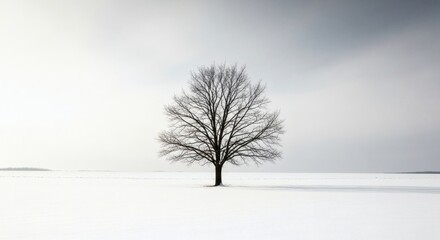 A solitary bare tree stands in a vast, snow covered field under a cloudy sky