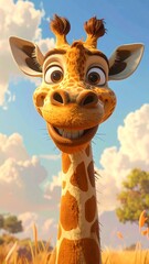 A charming, cartoon giraffe with a big smile, standing in a sunny field. The image showcases the giraffe's long neck and spotted fur