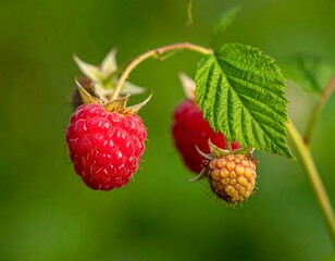 Close-up shows a ripe raspberry with green leaves on a curved, green branch