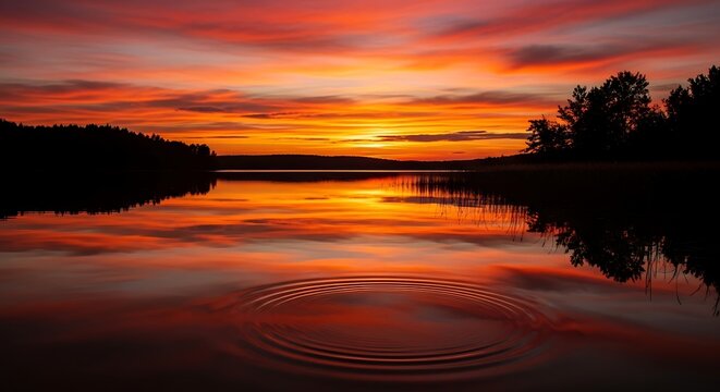 Vibrant Sunset Over Calm Lake with Ripples.