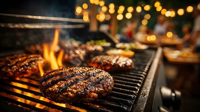 Sizzling, perfectly grilled meat patties on a barbecue, with a lively, out-of-focus evening backyard party and festive bokeh lights in the background.