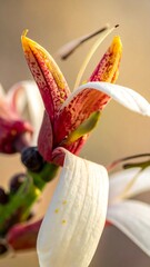 Close-up view of a blooming flower with red and yellow detail against soft lighting