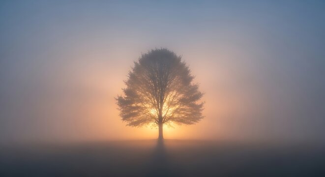 Mystical sunrise silhouettes a lone bare tree in a serene, foggy landscape with ethereal light