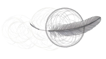 Elegant feather floating through abstract sphere, evoking freedom and tranquility concepts