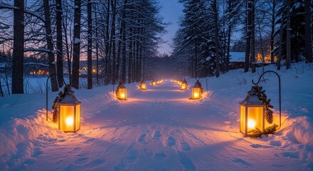 Winter forest path illuminated by lanterns during twilight
