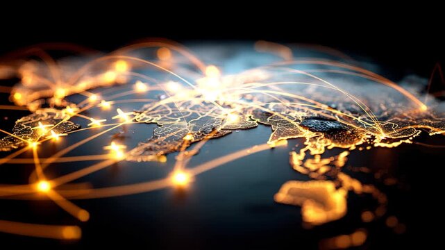 Digital world map illuminated with flight paths connecting global destinations showcasing air travel routes at night