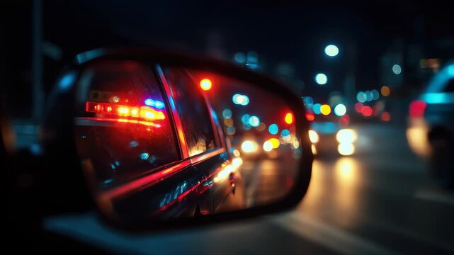 Police lights create a colorful reflection in a car mirror during a nighttime traffic stop on a busy city street