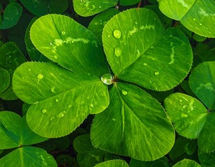 Close-up shows a vibrant, four-leaf clover covered in glistening droplets of water