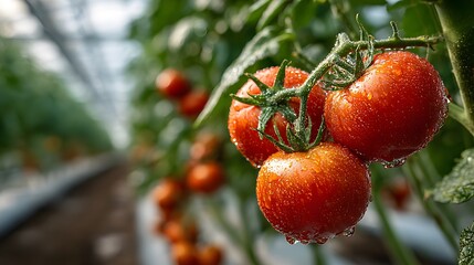 Obraz premium Vibrant, ripe red tomatoes on the vine glisten with water droplets in a modern greenhouse, with blurred rows of plants stretching into the background.