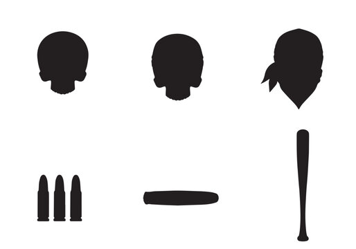 Silhouette icons of skulls bullets and adobe illustrator logo
