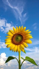 Close-up view of a bright, yellow sunflower against a brilliant blue sky with clouds
