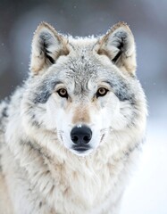 A close-up portrait showcases a grey wolf, snow dusting its fur, eyes focused. The background is blurred, wintery, and soft