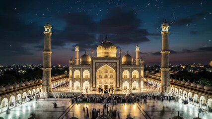Capital city of Hyderabad, India comes alive in 4K UHD as people from all walks of life gather around a majestic building at sunset, symbolizing urban dynamism, entrepreneurial spirit.