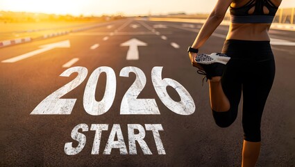 2026 Start Woman Runner Stretching on Asphalt Road at Sunrise - New Year Fitness Goals, Health Journey, and Lifestyle Motivation Concept
