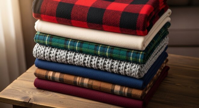 A stack of folded blankets and throws with different patterns and textures, including plaid and knitted designs, on a wooden table