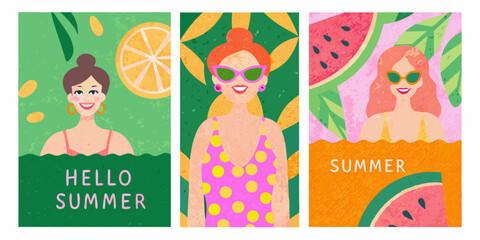 Vibrant summer illustrations featuring happy women in swimsuits surrounded by tropical fruits and leaves