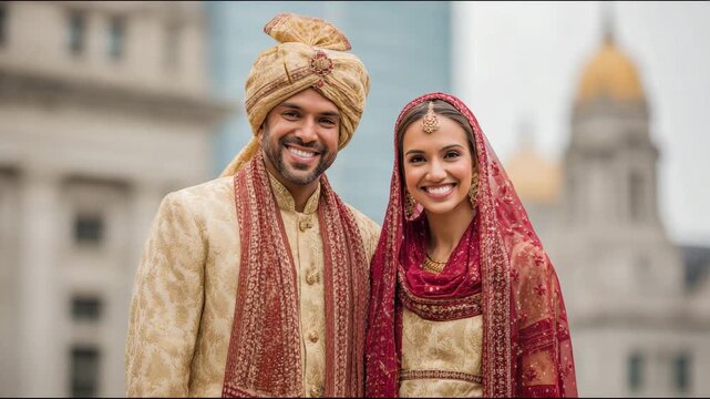 Joyful Indian Wedding Couple Smiling in Traditional Attire Outdoors, Celebrating Love and Culture