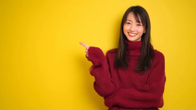 女性が黄色背景で笑顔で左側を指差す