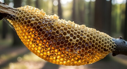 Honeycomb hanging from a tree branch in the forest.