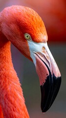 Close-up view of a flamingo head with pink and white plumage, and a black beak
