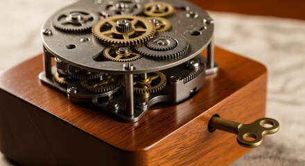 Intricate Clockwork Mechanism with Brass Gears and Key on Wooden Base.